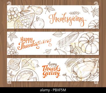 Happy Thanksgiving Day Grußkartenvorlage. Danksagung Poster mit gebratener Truthahn, Pumpkin Pie und aconrs Skizzen. Horizontale Banner mit Text. Stock Vektor