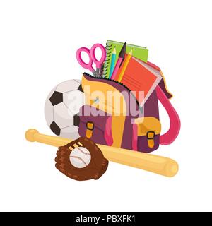 Zurück zu Schule. Sammlung von bunten Schule Rucksäcke Kompositionen. Schulmappen voller Studie liefert auf weißem Hintergrund. Vektor Lllustrat Stock Vektor