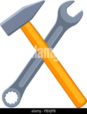 Bunte cartoon gekreuzte Hammer und Schraubenschlüssel Stock Vektor