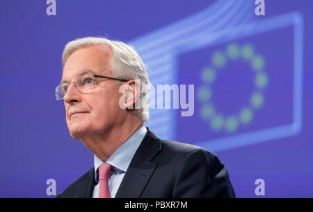 Belgien, Brüssel, am 2018/02/28: Michel Barnier, Chefunterhändler der EU für Brexit, präsentiert den Entwurf einer Vereinbarung über die Ausfahrt von England aus. Stockfoto