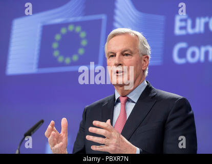 Belgien, Brüssel, am 2018/02/28: Michel Barnier, Chefunterhändler der EU für Brexit, präsentiert den Entwurf einer Vereinbarung über die Ausfahrt von England aus. Stockfoto