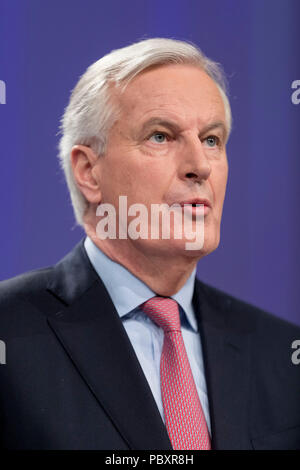 Belgien, Brüssel, am 2018/02/28: Michel Barnier, Chefunterhändler der EU für Brexit, präsentiert den Entwurf einer Vereinbarung über die Ausfahrt von England aus. Stockfoto