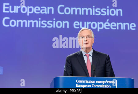 Belgien, Brüssel, am 2018/02/28: Michel Barnier, Chefunterhändler der EU für Brexit, präsentiert den Entwurf einer Vereinbarung über die Ausfahrt von England aus. Stockfoto