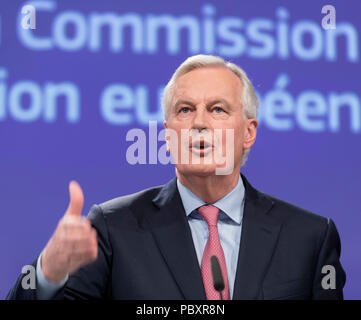 Belgien, Brüssel, am 2018/02/28: Michel Barnier, Chefunterhändler der EU für Brexit, präsentiert den Entwurf einer Vereinbarung über die Ausfahrt von England aus. Stockfoto