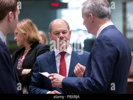 Belgien, Brüssel, am 2018/05/25: Bruno Le Maire, der französische Minister für Wirtschaft und Finanzen, und Olaf Scholz, Bundesminister für Finanzen, att Stockfoto