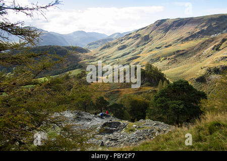 Schloss Crag, Lake District National Park, Großbritannien. Borger Dalr Geologie, Borrowdale-tal Stockfoto