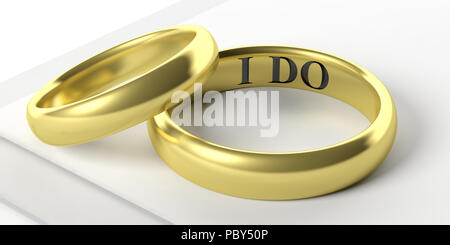 Heiratsantrag. Paar goldene Hochzeit Ringe auf weißem Hintergrund, ICH HABE Text graviert, 3D-Darstellung Stockfoto