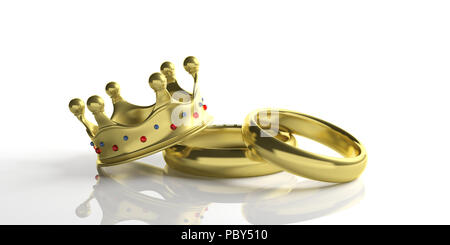 Royal Wedding. Paar goldene Hochzeit Ringe und eine Krone auf weißem Hintergrund, Detailansicht, 3 Abbildung d Stockfoto
