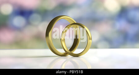 Paar goldene Hochzeit Ringe am weißen Tisch isoliert, Blur pastellfarbenen Hintergrund, Detailansicht, 3 Abbildung d Stockfoto