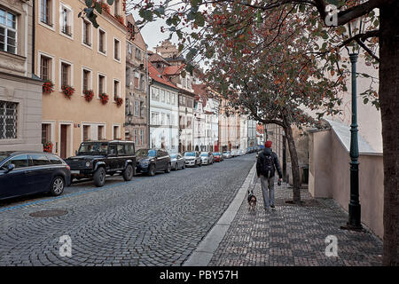 Prag, Tschechische Republik, 15. September 2017: Junger Mann touristische wandern mit dem Welpen Hund auf den Straßen von Prag. Stockfoto