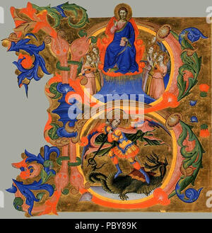167 Don Silvestro dei Gherarducci - Schrittweise von Santa Maria degli Angeli - Folio 80 - St. Michael im Kampf gegen die Drachen in einem ersten B (Abegg-Stiftung) Stockfoto