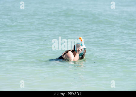 Sanibel Island, USA - 29. April 2018: Bowman's Beach mit Frau Schnorcheln im türkisblauen Wasser closeup, Maske an einem sonnigen Tag, auf der Suche nach Muscheln, seashe Stockfoto