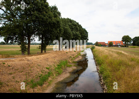 Extreme Ebbe auf den Fluss Issel in der Nähe von Wesel, 28. Juli. 2018, Deutschland. extreme Niedrigwasser der Issel bei Wesel am 28.07.2018, Deutschland. Stockfoto