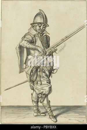 Jacques de Gheyn II (Niederländisch, 1565-1629), elegant gekleidete Soldat Vorbereiten der Brand seine Caliver, C. 1597, Stift und Tinte braun mit grauen Waschen auf Bütten, Geschenk der Ahmanson Stiftung 183 elegant gekleidete Soldat Stopfmaschine seine Caliver Stockfoto