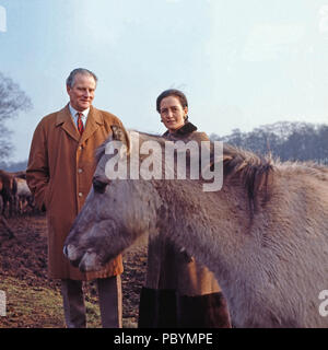 Karl Emanuel, 14. Herzog von Croy mit Ehefrau Gabriele Prinzessin von Bayern und stand Dülmener Wildpferden in Dülmen, Deutschland 1981. Karl Emanuel, 14 Herzog von Croy mit seiner Frau Gabriele Prinzessin von Bayern und ihre wilden Pferde in Duelmen, Deutschland 1981. Stockfoto
