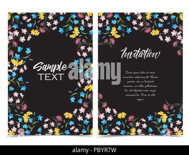 Vector Illustration von bunten Blumen. Sommer Blumenschmuck auf einem dunklen Hintergrund. Satz von Grußkarten Stock Vektor
