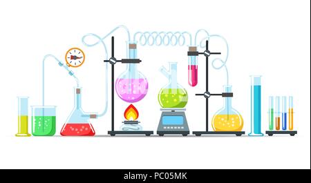 Chemie Laborgeräte. Flaschen, Becher und Brenner wissenschaftliche Instrumente auf Weiß, Vektor chemische oder biologische Forschung Verarbeitung Stock Vektor