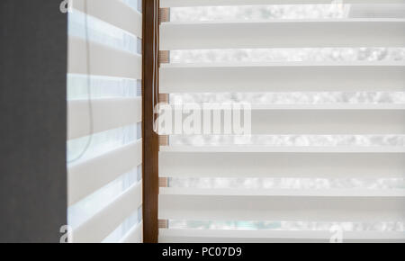 Details der weißen Stoff Rollos an den Kunststoff Fenster mit Holz Textur im Wohnzimmer. Stockfoto