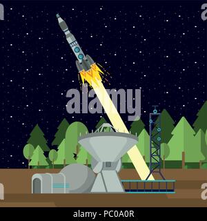 Raumschiff Rakete, die von der Basis auf dem Planeten Vektor illustration Graphic Design Stock Vektor