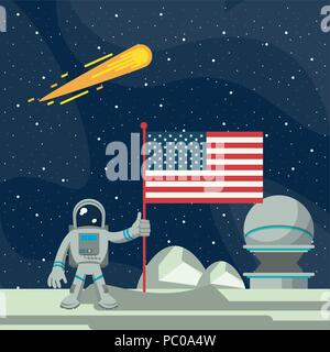 Astronauten auf dem Mond mit USA-Flagge Vector Illustration graphic design Stock Vektor