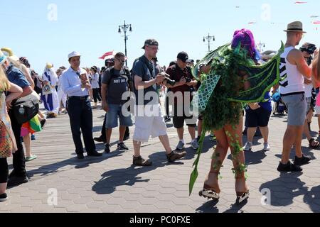 New York, NY, USA. 30. Jul, 2018. Bekannt als der Trumpf Marionette Performer, New York Schauspieler und Aktivist Elliot Krone und sein Sidekick Marni Halasa werden können Stockfoto