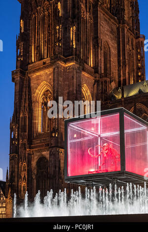 Straßburg, 12.000 Jahre altes Mammut Skelett in Anzeige Fall ausgesetzt, Jet Wasserfontäne, beleuchteten Dom, Nacht, Elsass, Frankreich, Europa, Stockfoto