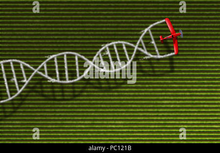 Der Anbau von GVO oder genetisch veränderte Landwirtschaft und biologische Nutzung der Biotechnologie mit einem DNA-Strang Symbol veraenderte Lebensmittel Landwirtschaft Konzept. Stockfoto