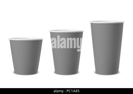 Vektor realistische 3D-grauem Papier einweg Becher Symbol closeup auf weißem Hintergrund. Andere Größe - klein, mittel und groß. Design Template für Grafiken, mockup. Ansicht von vorn Stock Vektor