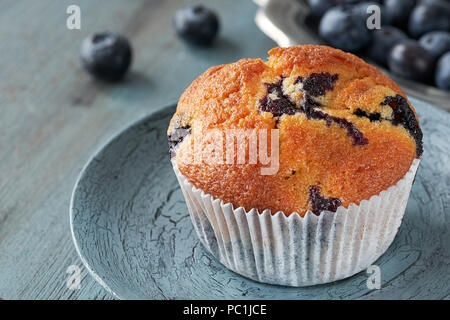 Close-up auf Muffin mit Blaubeeren auf Grau rustikal Hintergrund Stockfoto