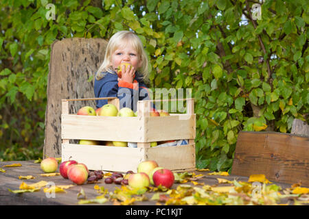 Deutschland, Bayern, Mindelheim, blonde Kind mit einem Apfel lächelnd Stockfoto