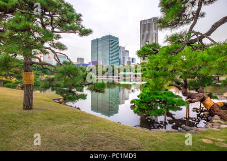 Hamarikyu (auch Hama Rikyu) Ältesten japanischen Garten und modernen Wolkenkratzern von Shiodome, Chuo Bezirk, Tokyo, Region Kanto, Insel Honshu, Japan Stockfoto