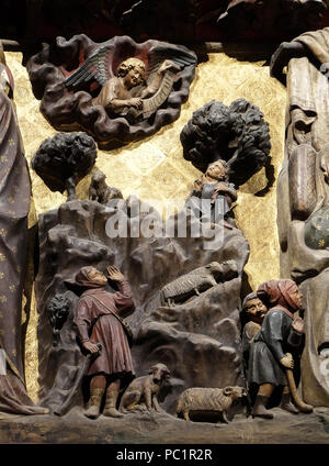 Kunstvoll geschnitzten und bemalten Fries im Inneren der Kathedrale Notre Dame, die Verkündigung an die Hirten, Weltkulturerbe der UNESCO in Paris, Frankreich Stockfoto