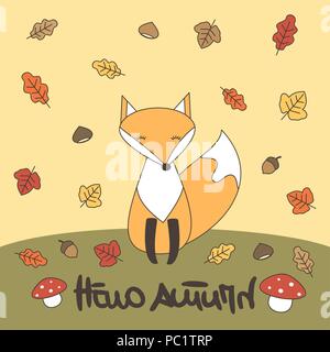 Süße Hand gezeichnet Schriftzug hallo Herbst Vektor Karte mit Fox, Blätter, Eicheln, Kastanien und Pilze Stock Vektor
