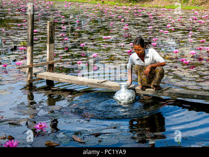 Eine Frau Wasser holen in frischem Wasser Teich in ihrem Dorf. Sittwe, Myanmar Stockfoto