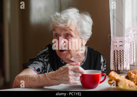Ältere Frau Tee zu trinken und zu reden. Stockfoto