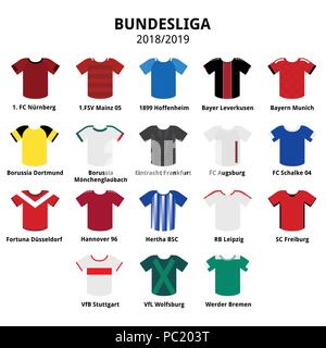 Bundesliga Trikots kit 2018 - 2019, Deutsche Fußball Liga Symbole. Fußball oder Fußball Trikots Symbole auf weißen, Sport Teams aus Deutschland isoliert Stock Vektor