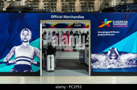 Pop-up offizielle Merchandise Shop für Glasgow 2018, Europameisterschaft in die bahnhofshalle von Glasgow Central Station Stockfoto