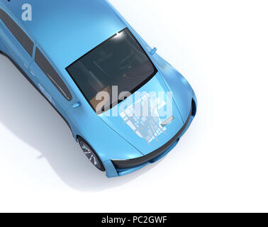 Nahaufnahme der Blau metallic Elektroauto auf weißem Hintergrund. Car sharing Grafik auf der Haube. 3D-Bild. Stockfoto
