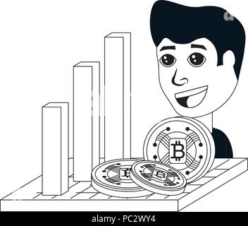 Grafik bar mit cryptocoins und Cartoon Mann mit weißem Hintergrund, Vector Illustration Stock Vektor