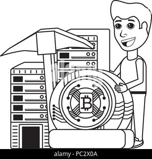 Cryptocurrency Bergbau Design mit Mann mit dataservers und cryptocoins über Hintergrund, Vector Illustration Stock Vektor
