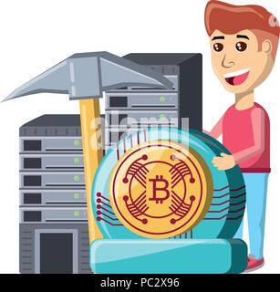 Cryptocurrency Bergbau Design mit Mann mit dataservers und cryptocoins über Hintergrund, Vector Illustration Stock Vektor