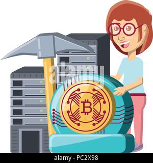 Cryptocurrency Bergbau Design mit Frau mit dataservers und cryptocoins über Hintergrund, Vector Illustration Stock Vektor
