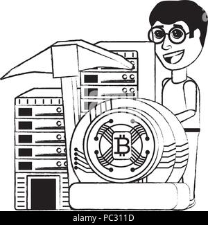 Cryptocurrency Bergbau Design mit Mann mit dataservers und cryptocoins über Hintergrund, Vector Illustration Stock Vektor