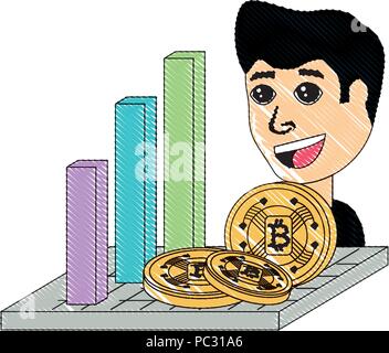 Grafik bar mit cryptocoins und Cartoon Mann mit weißem Hintergrund, Vector Illustration Stock Vektor