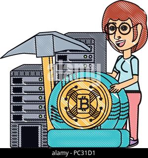 Cryptocurrency Bergbau Design mit Frau mit dataservers und cryptocoins über Hintergrund, Vector Illustration Stock Vektor