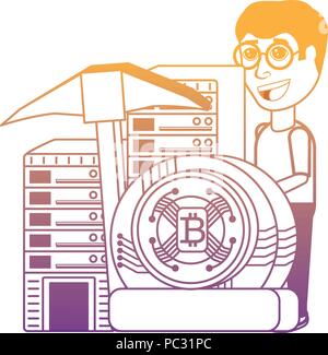 Cryptocurrency Bergbau Design mit Mann mit dataservers und cryptocoins über Hintergrund, Vector Illustration Stock Vektor