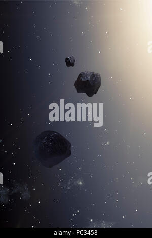 3D-Darstellung der Asteroiden im Weltraum. Stockfoto