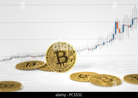 3D-Rendering von einigen bitcoin Münzen auf einer Karte Hintergrund Stockfoto