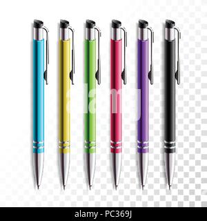 Design von realistischen Farbstift auf transparentem Hintergrund. In der Schule oder im Büro Produkte, bunte Kugelschreiber Vector Illustration. Stock Vektor