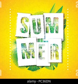 Vektor Sommerurlaub typografische Abbildung mit exotischen Blatt auf tropischen Pflanzen Hintergrund. Design Template für Banner, Flyer, Einladung, Broschüre, Poster oder Grußkarte. Stock Vektor